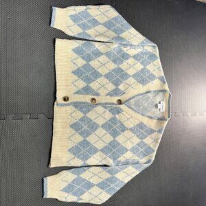 Blue & Cream Argyle Knit Button-Up Cardigan Sweater Soft Acrylic & Polyester Ble